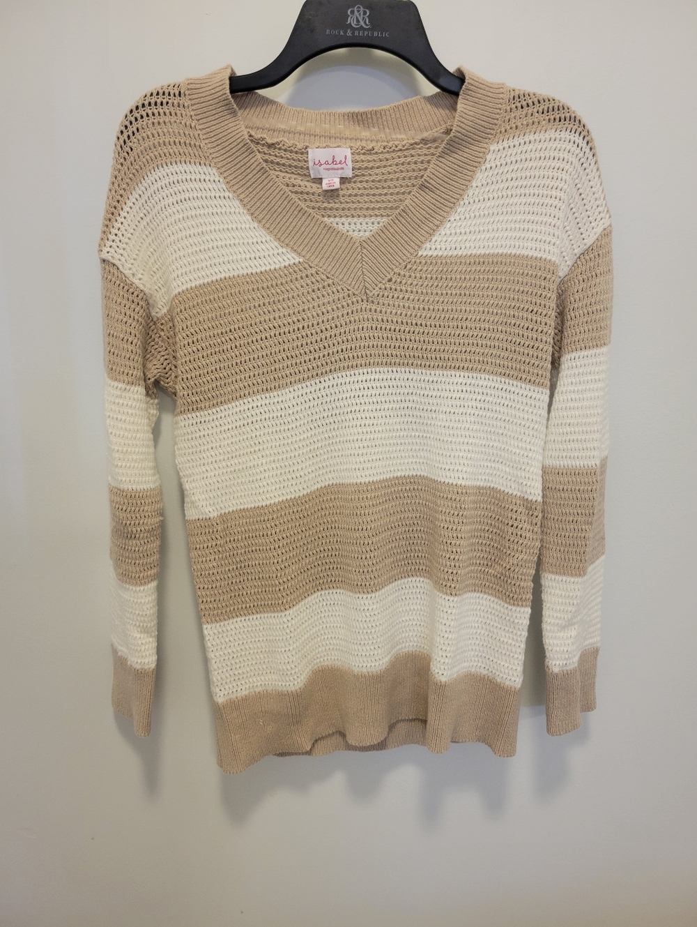 Ingrid And Isabel Beige & White Striped V-Neck Open Knit Maternity Sweater